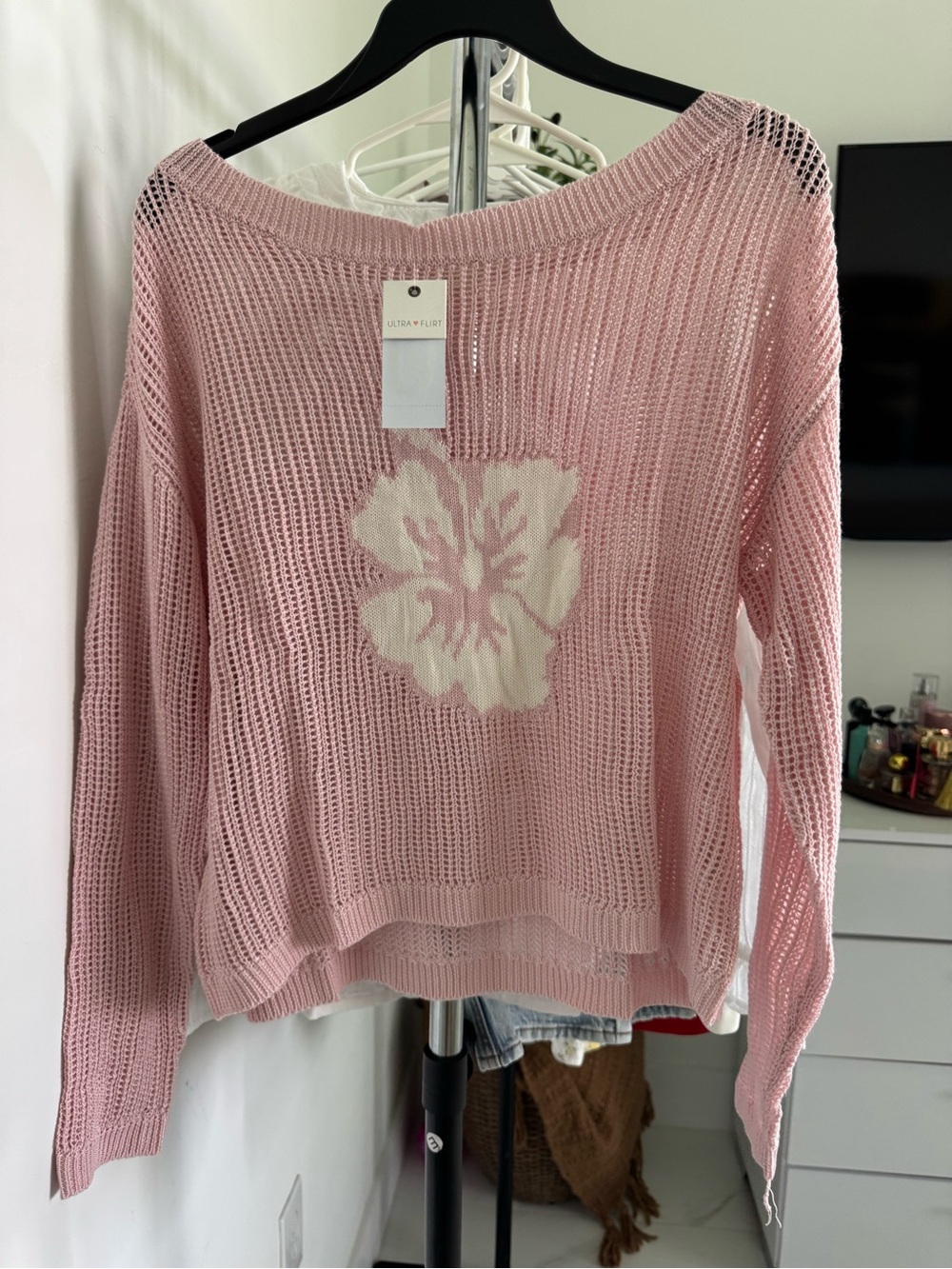 Ultra Flirt Pink Open-Weave Floral Scoop Neck Sweater